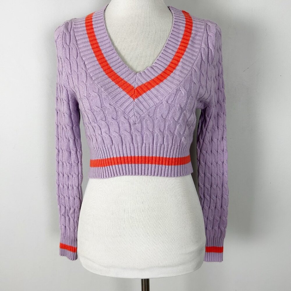 Women’s Cropped Preppy Sweater Purple Cable Knit Spring Size Small